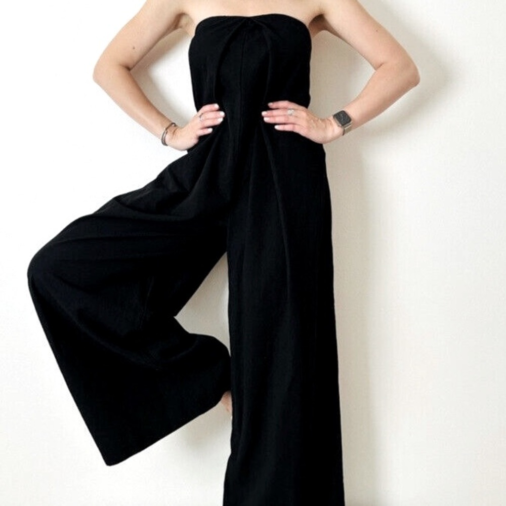 4/45$ Voluminous wide leg linen black jumpsuit | Zara